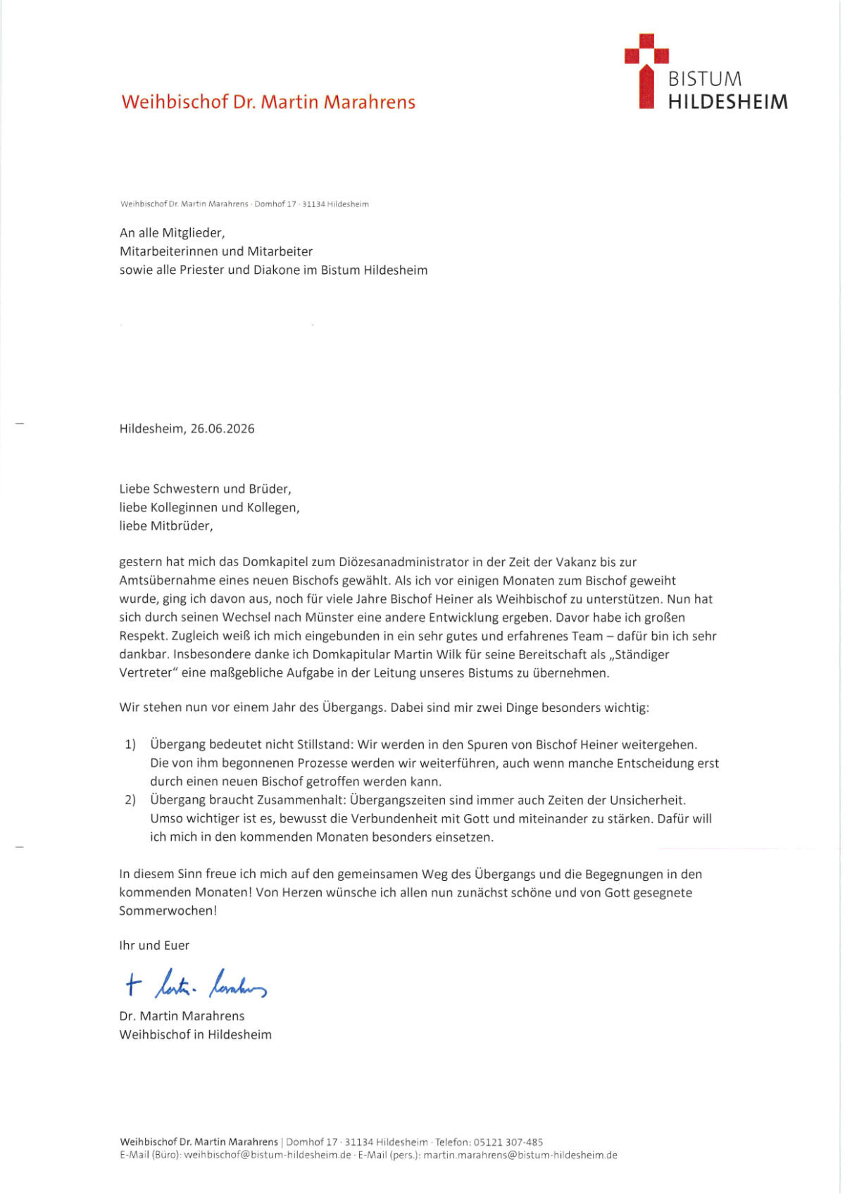 Brief unseres Diözesanadministrators Dr. Martin Marahrens